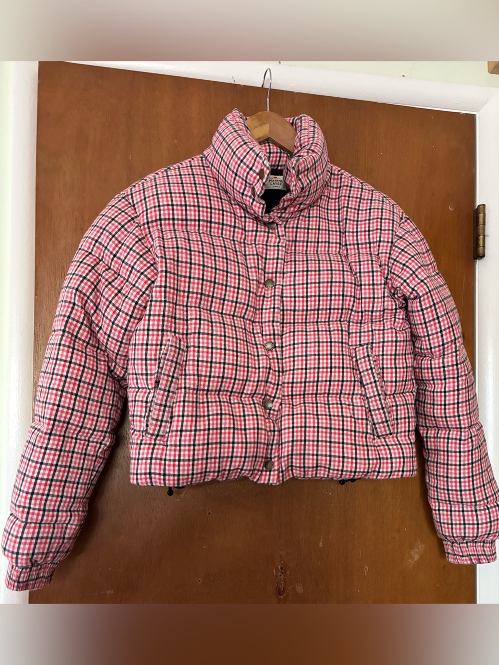 Marine layer organic cotton plaid puffer coat cropped